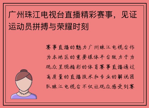 广州珠江电视台直播精彩赛事，见证运动员拼搏与荣耀时刻