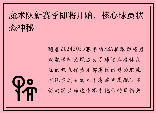 魔术队新赛季即将开始，核心球员状态神秘